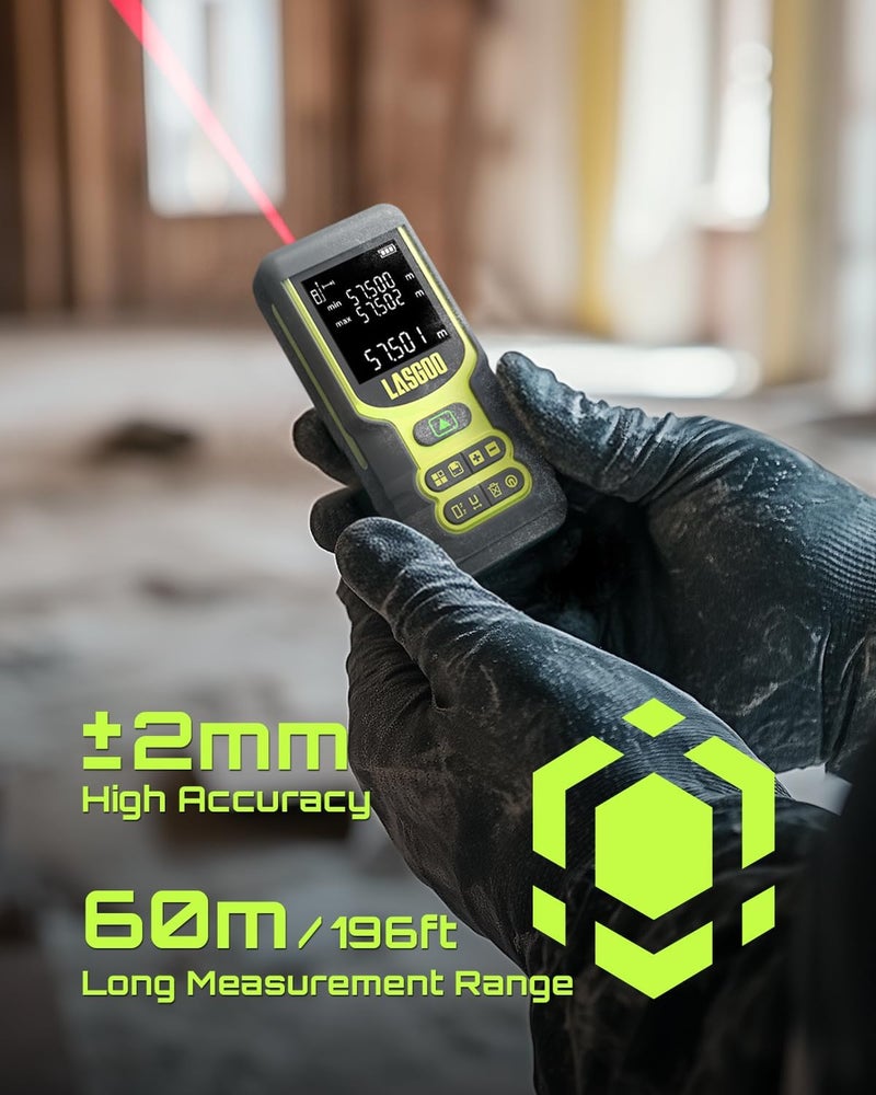 LASGOO Laser Measure, 60m/197ft Laser Measurement Tool, Laser Distance Meter with Ft/in/M Multiple Units, LCD Backlit Display, Pythagorean Mode, Area and Volume, Battery Included - Image 1